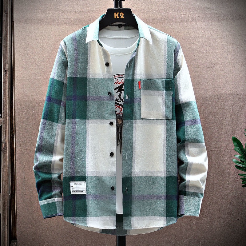 Áo Sơ Mi Dài Tay Dáng Rộng Hoa Văn Kẻ Ô Phong Cách Hàn Quốc Dành Cho Nam
