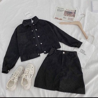 Set áo crop chân váy nhung gân