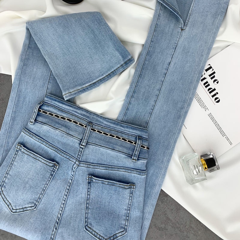 Jiashucheng Dadongmen Quần Jean Nữ Cạp Cao Dáng Ôm Cỡ Lớn Xẻ Tà Sàn Nhà-