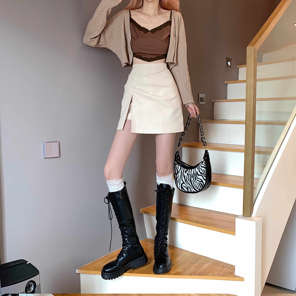 Porozi  váy Chân Váy Da Ngắn Lưng Cao Thiết Kế Lệch Tà Kiểu Hàn Quốc Cá Tính Cho Nữ