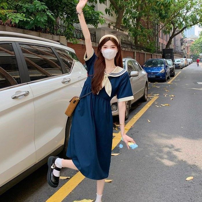Đầm Chữ a Dáng Rộng Cổ Thủy Thủ Thời Trang Mùa Hè Hàn Quốc Mới Cho Nữ Sinh