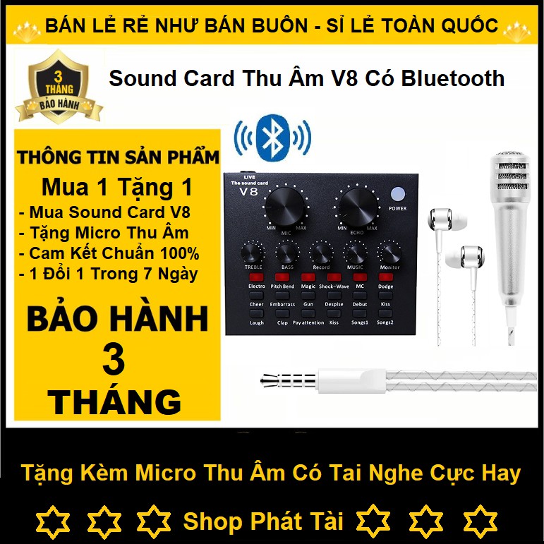 Bộ Sound Card Thu Âm, Livestream, Karaoke V8 Bluetooh - Tặng Kèm Micro Hát Thu Âm Kèm Tai Nghe ( Bảo Hành 3 Tháng )