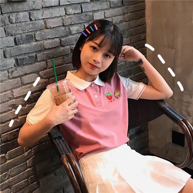 Áo polo có cổ phối họa tiết trái cây dễ thương
