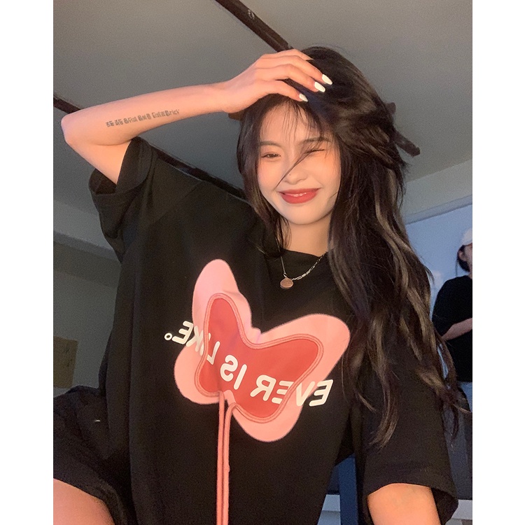 Áo Thun Tay Ngắn Dáng Rộng Cột Nơ In Họa Tiết Xinh Xắn Phong Cách Hàn Quốc Thời Trang Cho Nữ