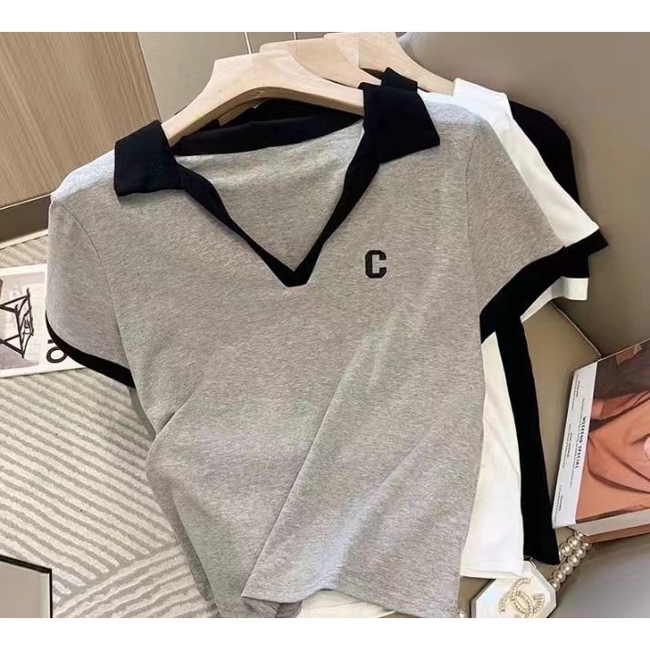 Áo polo Tay Ngắn Cổ Chữ V Thêu Chữ C Màu Sắc Tương Phản Phong Cách Hàn Quốc Thời Trang Mùa Hè 2022 Dành Cho Bạn Nữ