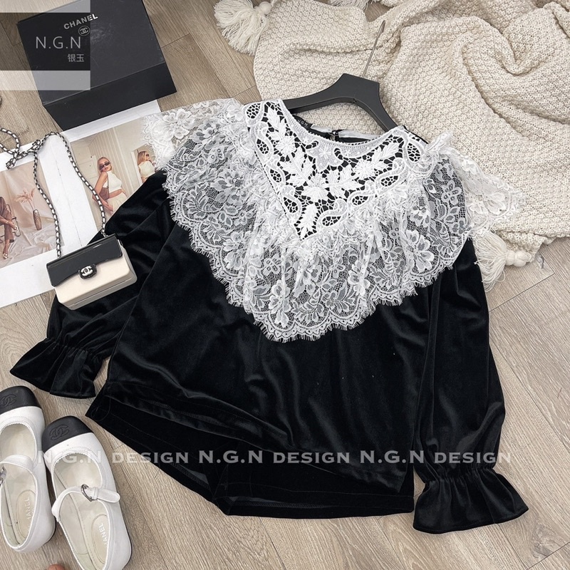 Sét áo nhung dài tay phối ren + quần sooc nhung