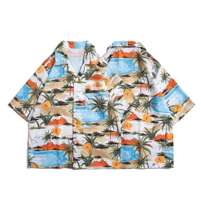 Áo Sơ Mi Nam Ngắn Tay Họa Tiết Hoa Văn Phong Cách Hawaii Mới