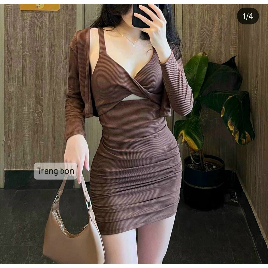 Sét đầm 2 dây xoắn ngực dáng ngắn phối áo khoác ngoài cực xinh , chất thun gân mềm mịn