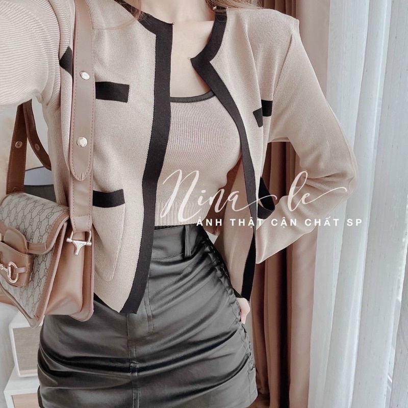 Áo len phối áo khoác viền + chân váy da rút mẫu chị Nina Lê ✨Shop Lotus✨