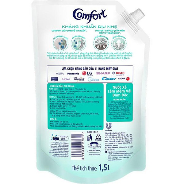 Nước Xả Vải Comfort Kháng Khuẩn Dịu Nhẹ Túi 1.5L