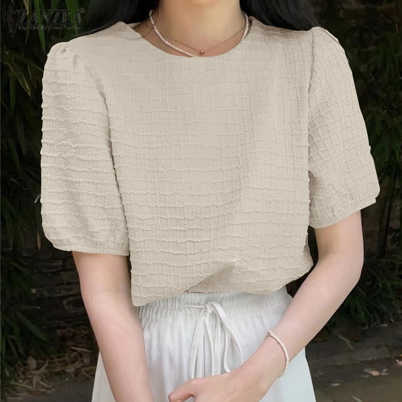 Áo sơ mi Zanzea tay lửng cổ tròn màu trơn sành điệu dành cho nữ
