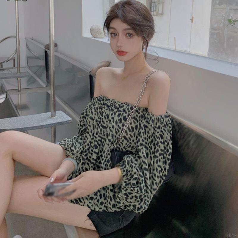Áo kiểu chiffon trễ vai tay phồng họa tiết da báo quyến rũ thời trang cho nữ | BigBuy360 - bigbuy360.vn