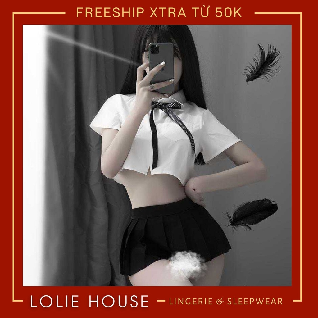 Cosplay học sinh sexy gợi cảm gồm áo trắng có kèm nơ cổ và váy quây đen LOLIE HOUSE - CP43