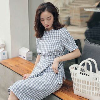 Đầm caro xanh đắp tà