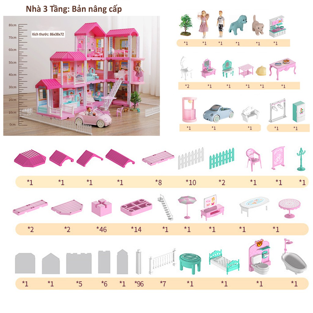 Mô hình nhà búp bê cỡ lớn cho bé - Tặng kèm Barbie. Biệt Thự 3 tầng