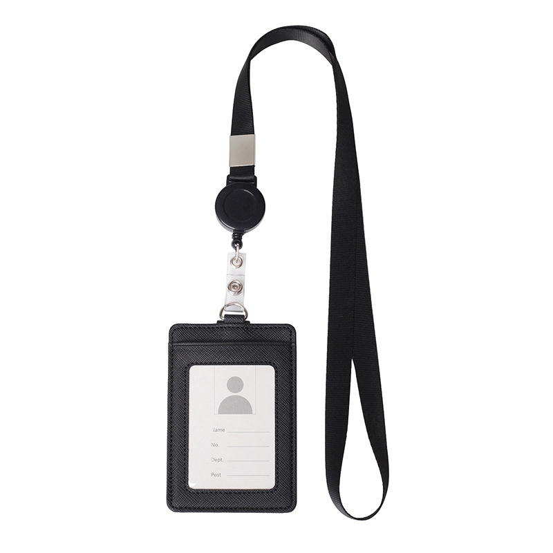 Retractable Lanyard ID Card PU Leather Bag / Unisex Card Holders Cover / Office Neck Hanging Strap