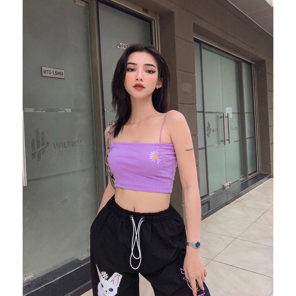 [HÌNH THẬT] ÁO HAI DÂY THÊU HOA CÚC CROPTOP NGẮN NỮ ÔM BODY HOT GIRL ULZZANG HÀN QUỐC SWAG CHẤT 80