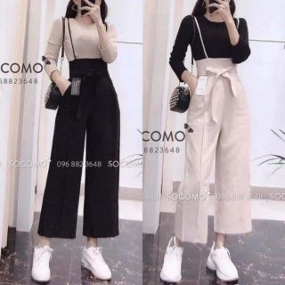 Set thun gồm AT trơn TD + quần yếm ống rộng đùi gân,  lưng cao , 2️⃣ dây mảnh + belt nơ