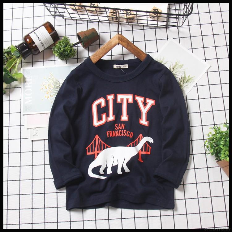 Áo thun tay dài cổ tròn in chữ và hình khủng long xinh xắn cho bé trai