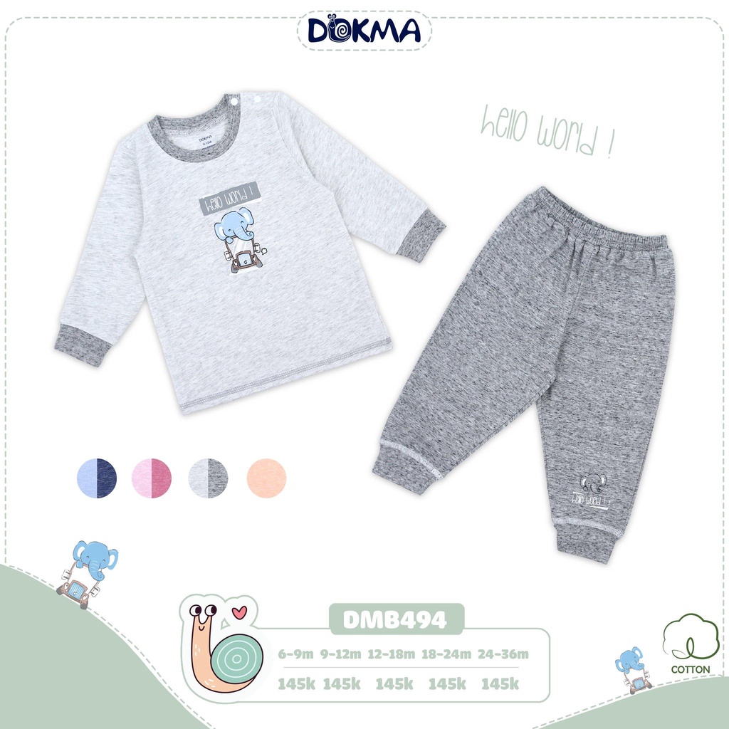 Bộ dài tay cài vai bé trai Dokma - chất cotton hữu cơ mềm thoáng, co giãn, thấm hút tốt