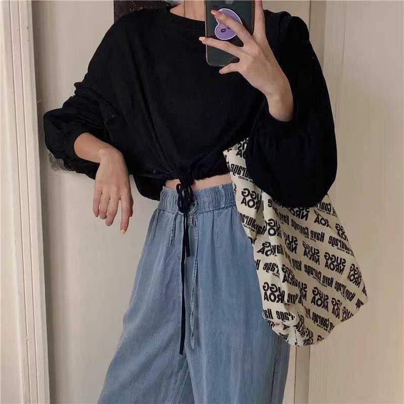 Áo thun croptop dài tay dáng rộng rút dây thời trang mùa thu xinh xắn cho nữ