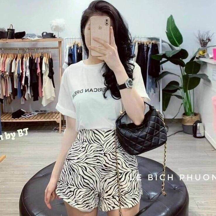 Set đùi áo cotton in chữ quần lụa in chuyển nhiệt năng động LP Fashion