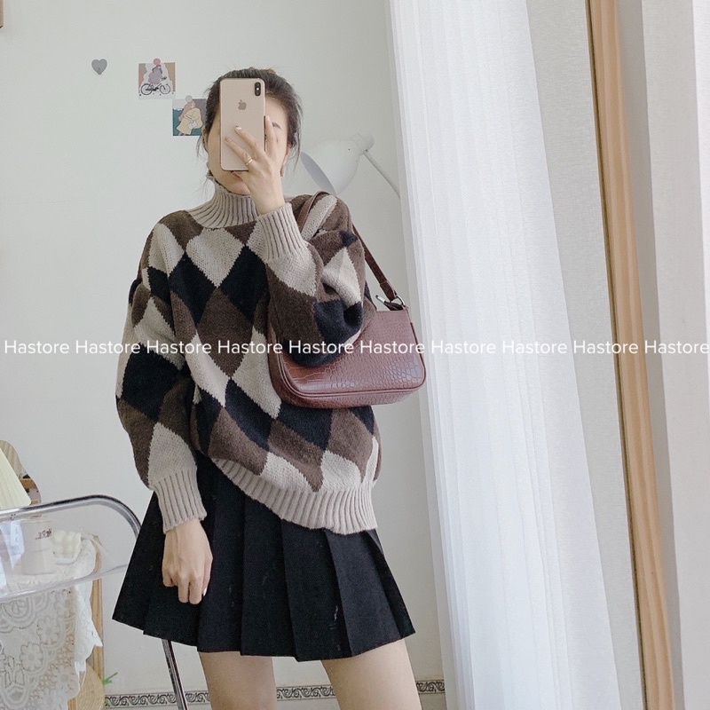 Áo len trám cổ lọ màu siêu tây