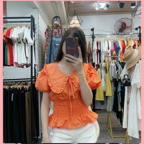 Áo kiểu nữ cổ sen tay bồng chun eo chất thô hàn