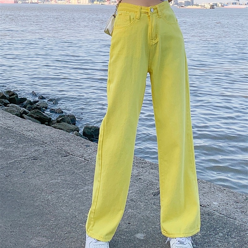 Quần jeans dài SUXI lưng cao ống rộng màu sắc đơn giản thời trang xuân hè cho nữ