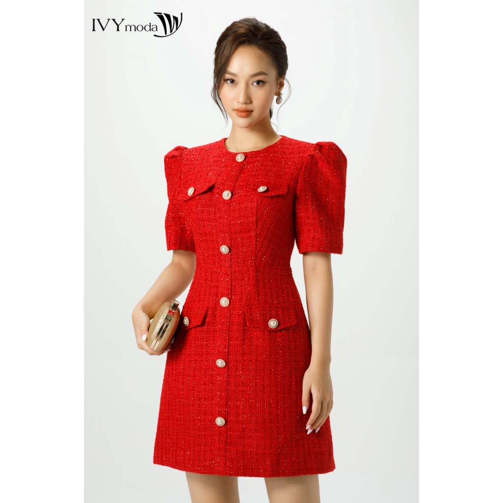 Đầm dạ Tweed tay bồng IVY moda MS 48M7059