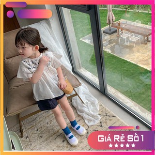 Set hè bé gái Áo Trắng Thêu Hoa + Quần Xanh Than Phong Cách Hàn Quốc Siêu Dễ Thương Cho Bé Gái