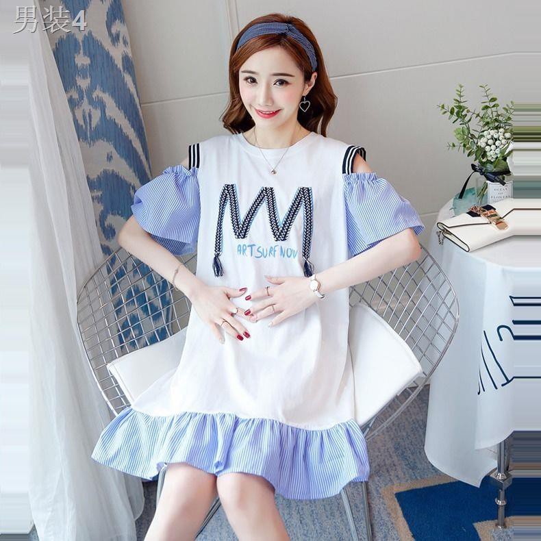 ☃Váy bầu đỏ lưới mùa hè bà mới thời trang suông dài sọc cotton