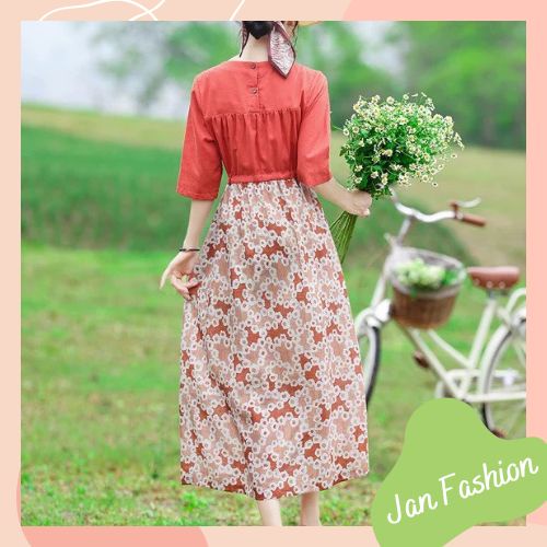 Váy liền thân hoa nhí màu đỏ cam tôn dáng, sáng da siêu nịnh
