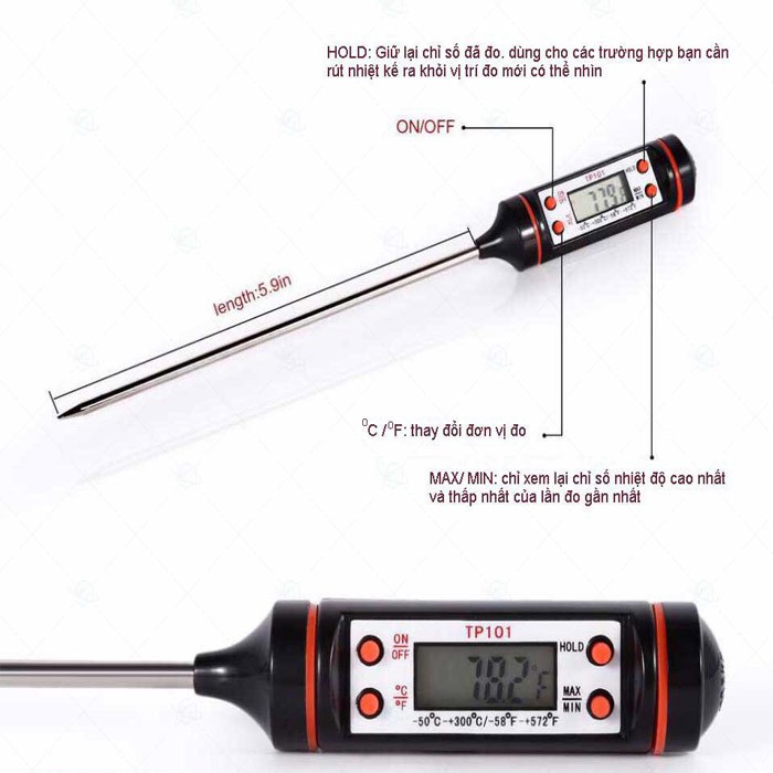 Que nhiệt kế điện tử đa năng đo nhiệt độ nấu ăn pha sữa thức ăn thức uống thịt cá tiện lợi