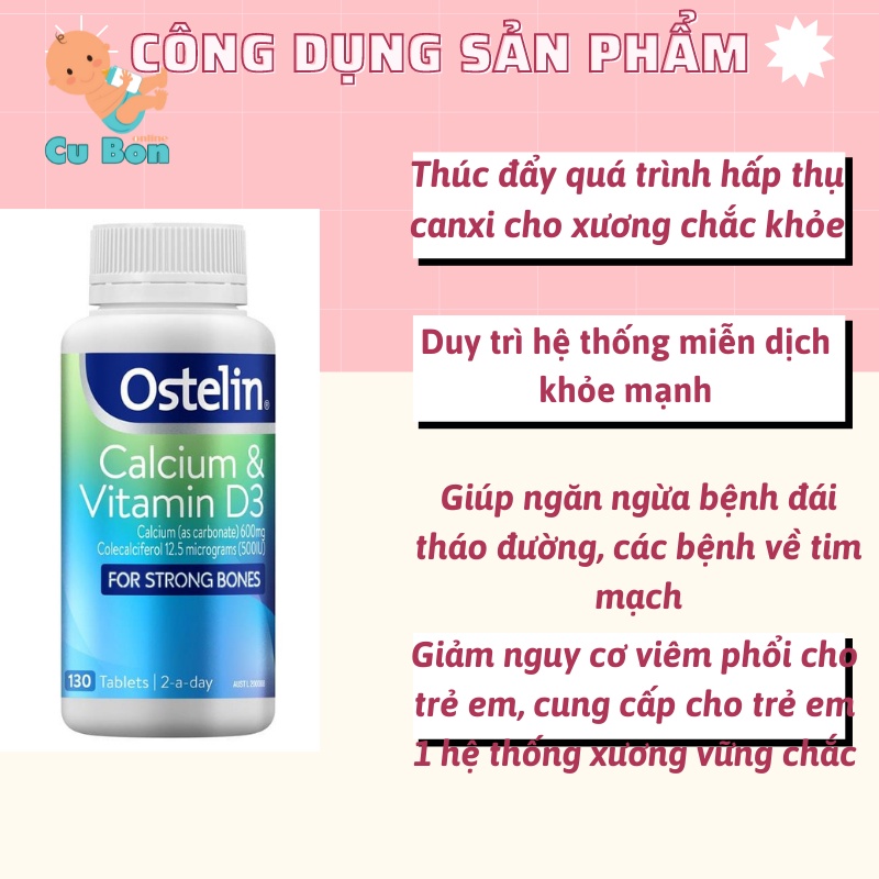 Canxi Bầu Ostelin Calcium &amp; Vitamin D3 Ostelin, Úc Bổ Sung Vitamin D &amp; Canxi (130 Viên) dành cho bà bầu