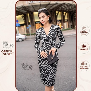 Đầm nữ sang trọng lụa sọc She, váy đầm cổ V body thời trang cho nữ SDX119