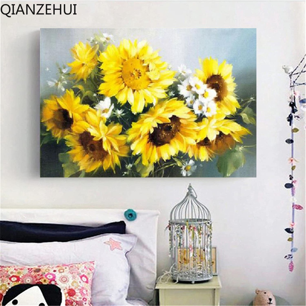 Bộ Tranh Đính Đá 5D Hạt Tròn Tự Làm Hình Hoa Hướng Dương Trang Trí Nhà Cửa