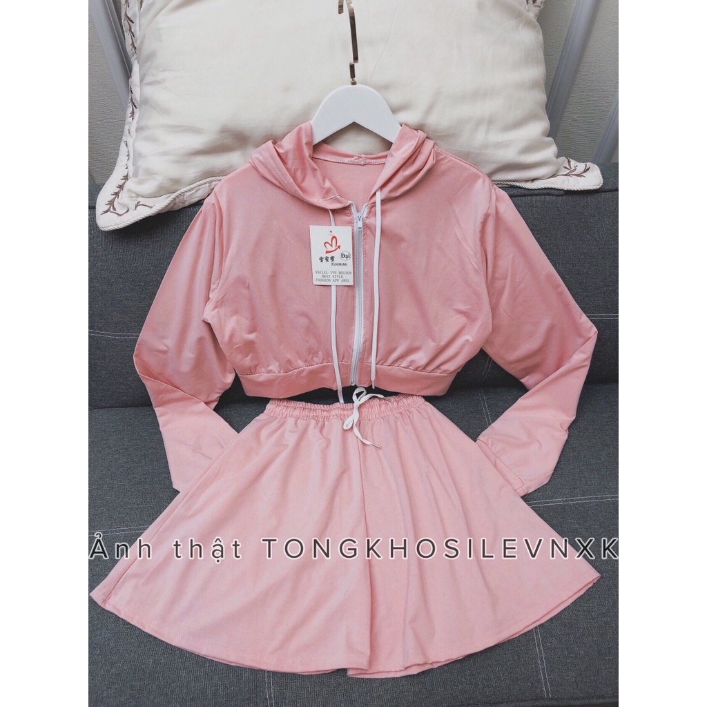 Set Áo Khoác Hoodie Dài Tay Croptop Mix Quần Short 4 Màu Đen Trắng Xanh Hồng - Set Đồ Bộ Ulzzang