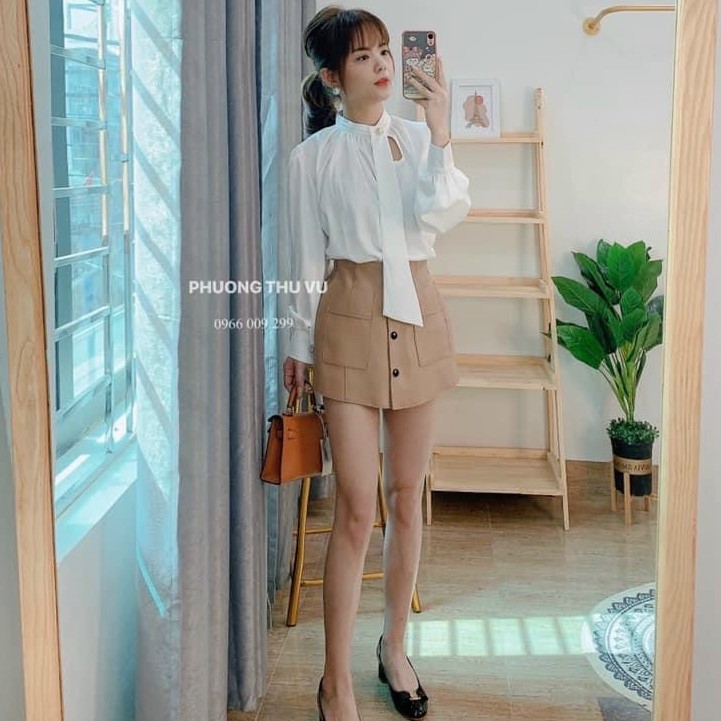 áo sơ mi lụa nữ nơ vát khuy ngọc tay dài sang chảnh