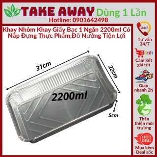 Combo 10 khay nhôm, khay giấy bạc 1 ngăn 2200ml có nắp, đựng thực phẩm, đồ nướng,tiện lợi -takeawaydùng1lần