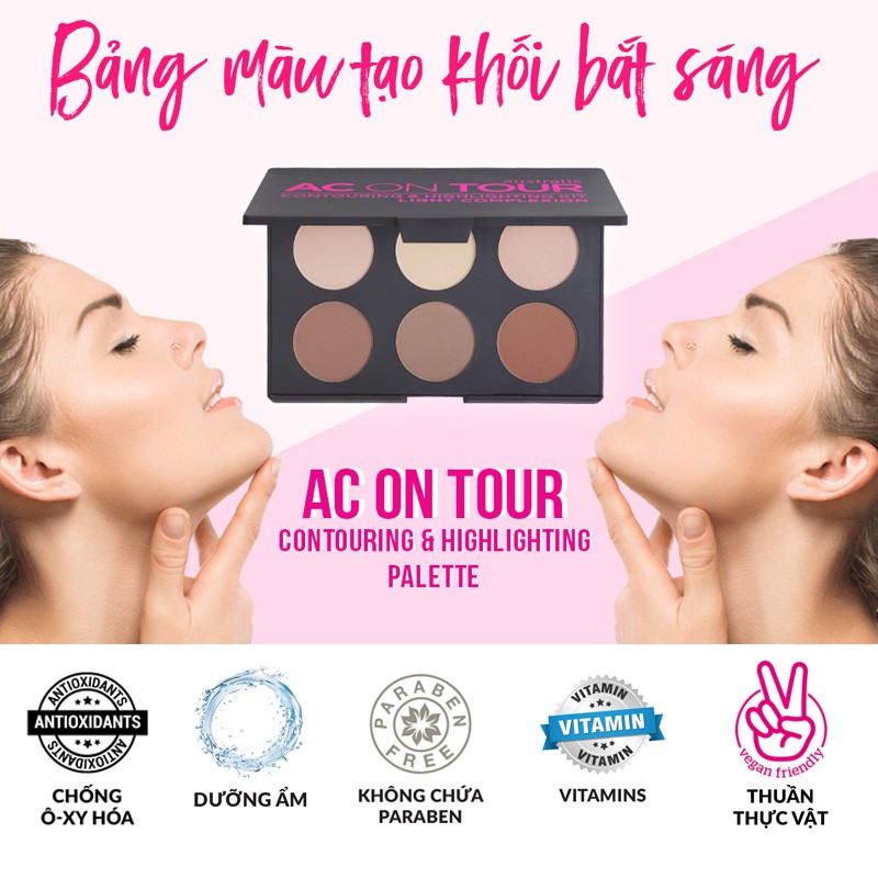 BẢNG TẠO KHỐI &amp; BẮT SÁNG AUSTRALIS 6 Ô TÔNG SÁNG AC ON TOUR POWDER CONTOURING &amp; HIGHLIGHTING PALETTE - LIGHT