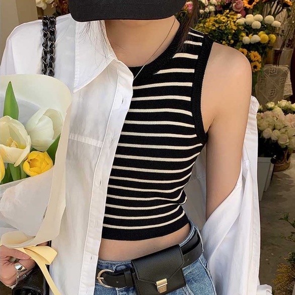 Áo croptop ZHELIHANGFEI dệt kim không tay vải lụa mát họa tiết kẻ sọc bắt mắt cho nữ