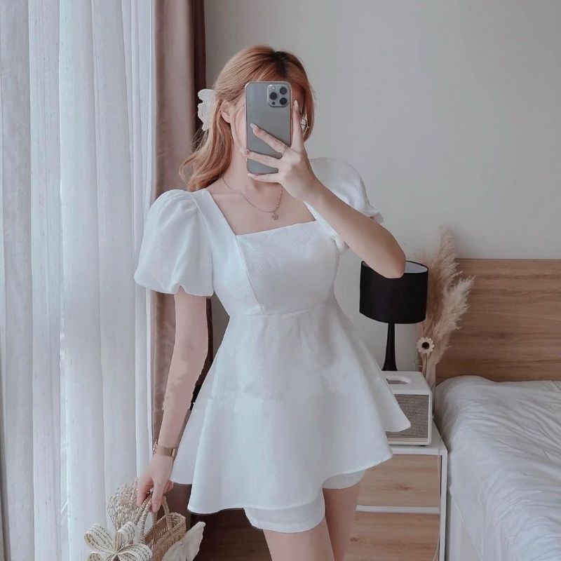 Set áo babydoll cổ vuông thắt nơ lưng kèm quần short tiểu thư sang chảnh ullzang tôn dáng kèm ảnh thật MS1002