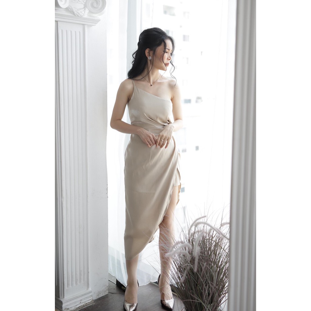 Váy lụa vai lệch xoắn eo sang chảnh SML (ẢNH THẬT ảnh mẫu mặc shop tự chụp) Màu RÊU, HỒNG, BE VC268 B6 EM | BigBuy360 - bigbuy360.vn