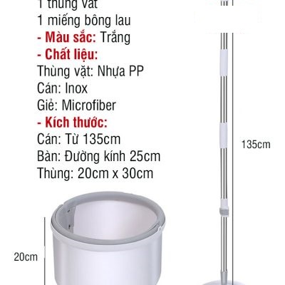 Bộ lau nhà tách nước thùng thùng nhựa pp, Cán inox dài 134cm, miếng lau 25cm Microfiber