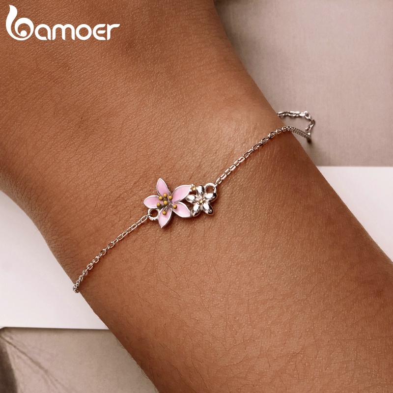 Vòng đeo tay BAMOER bạc 925 thiết kế mặt hoa anh đào xinh xắn thời trang dành cho nữ