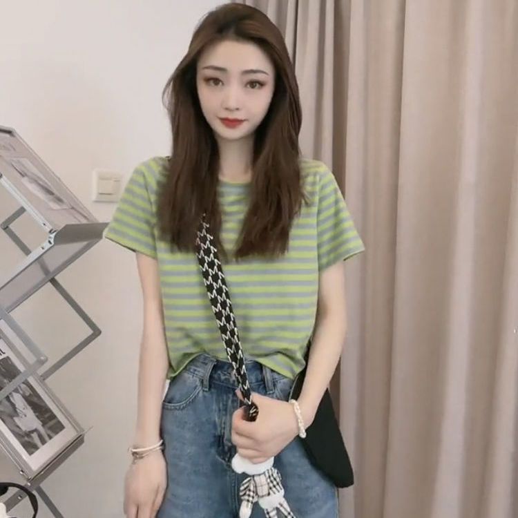 Áo Thun Cotton Tay Ngắn Cổ Tròn Dáng Rộng Họa Tiết Kẻ Sọc Thời Trang Mùa Hè Cho Nữ