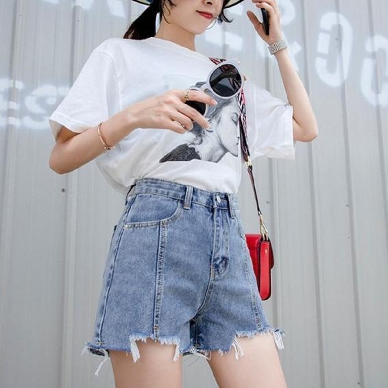 Quần Short Denim Ống Rộng Lưng Cao Thời Trang Hàn Quốc Dành Cho Nữ