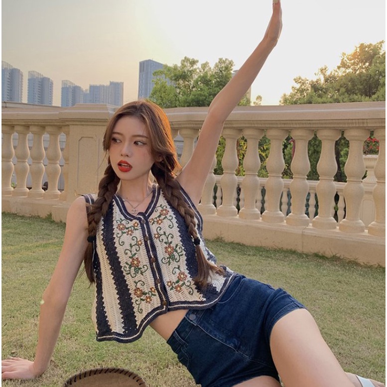 Áo kiểu XIAOZHAINV vải dệt kim mỏng không tay dáng rộng kiểu retro xinh xắn cho nữ