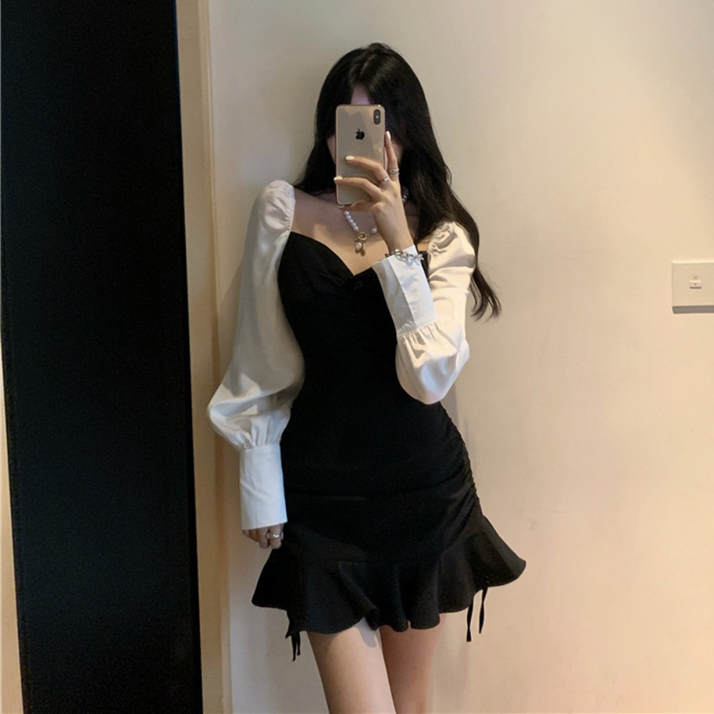 Váy nữ, đầm nữ dài tay cổ chữ V xòe đuôi cá dây rút xếp ly gợi cảm điệu đà phong cách Hàn Quốc ATILA.SHOP | BigBuy360 - bigbuy360.vn